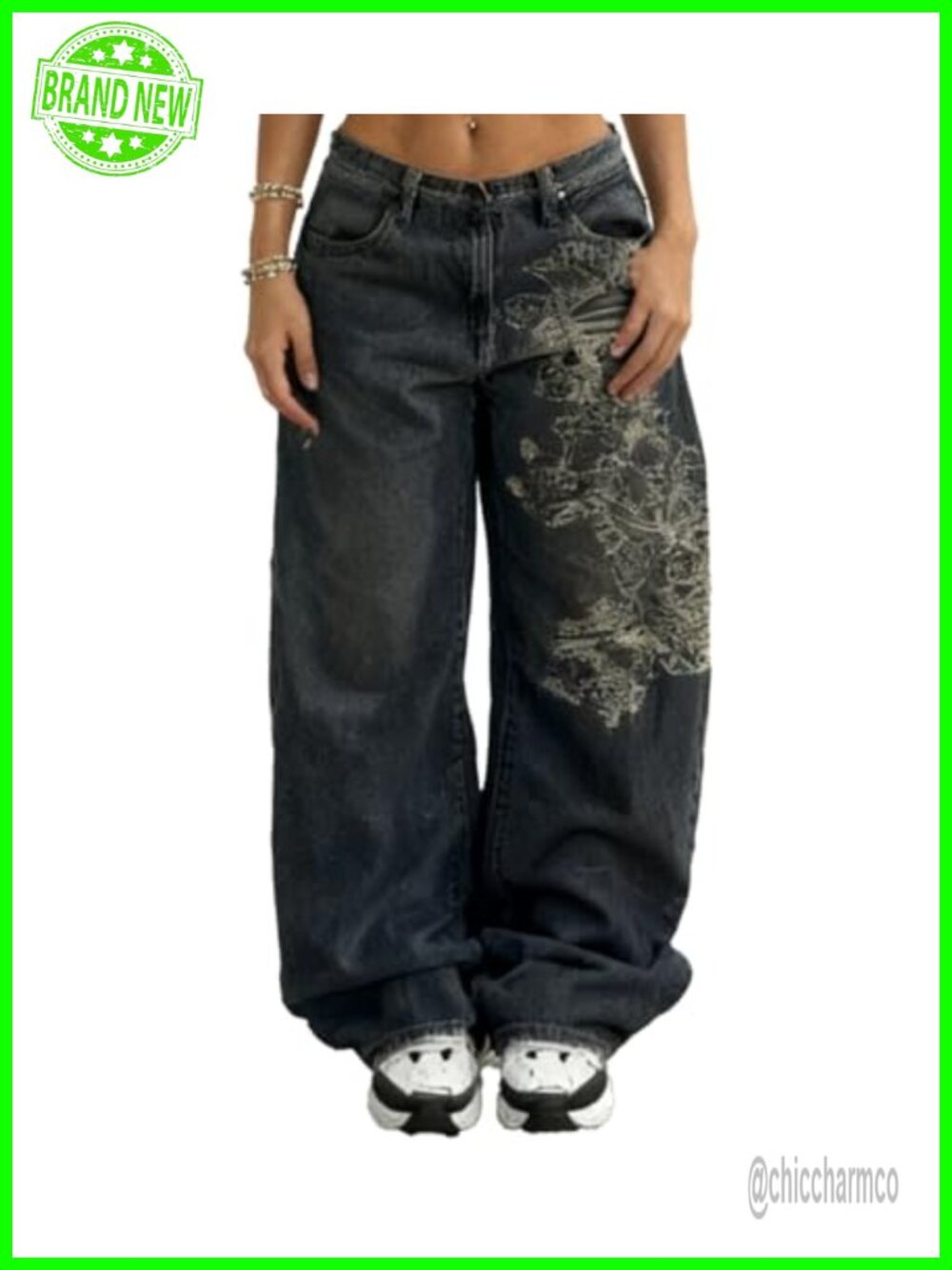 Y2K Skeleton Print Baggy Wide Leg High Waist Denim Jeans Goth Streetwear